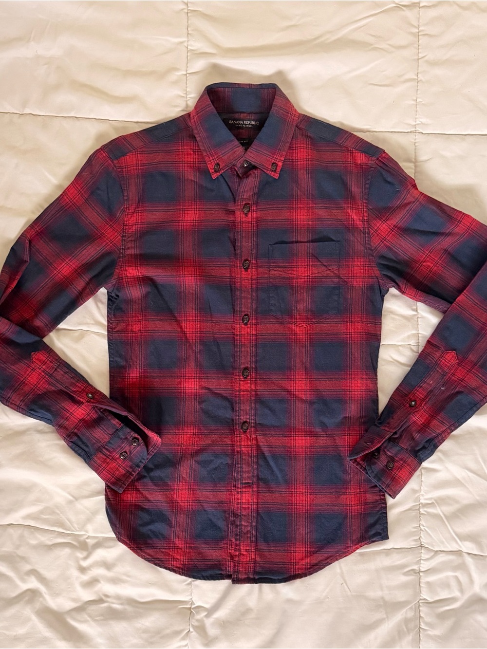 Banana Republic Red and Navy Plaid Button-Down Shirt